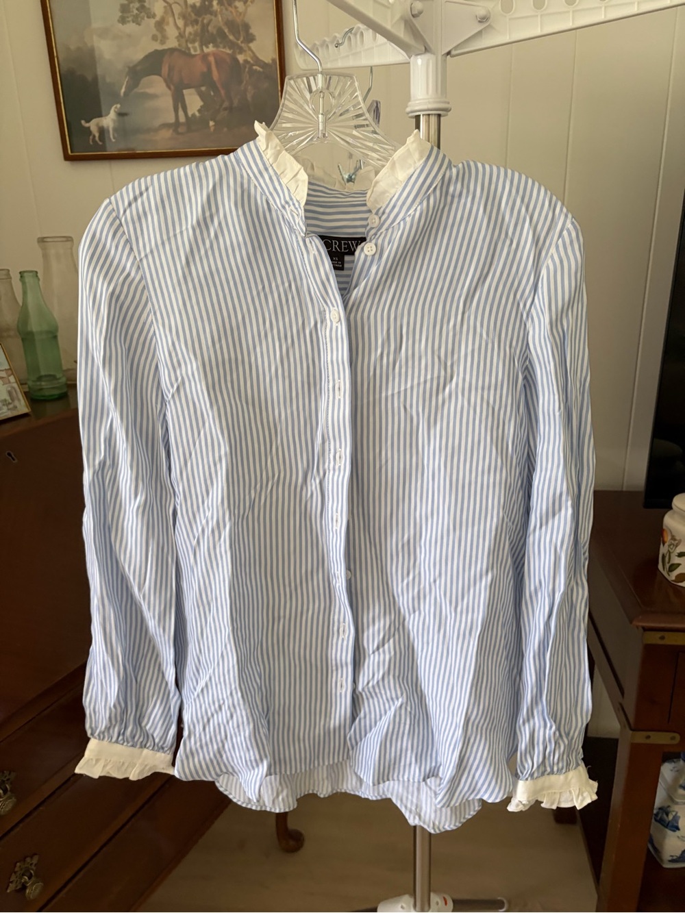 J. Crew Women’s Satin Blue & White Striped Button-Up Shirt